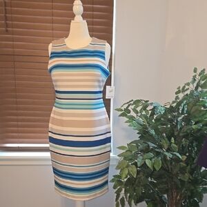 Calvin Klein NWT Striped Sleeveless Dress - Blue, White, Tan.